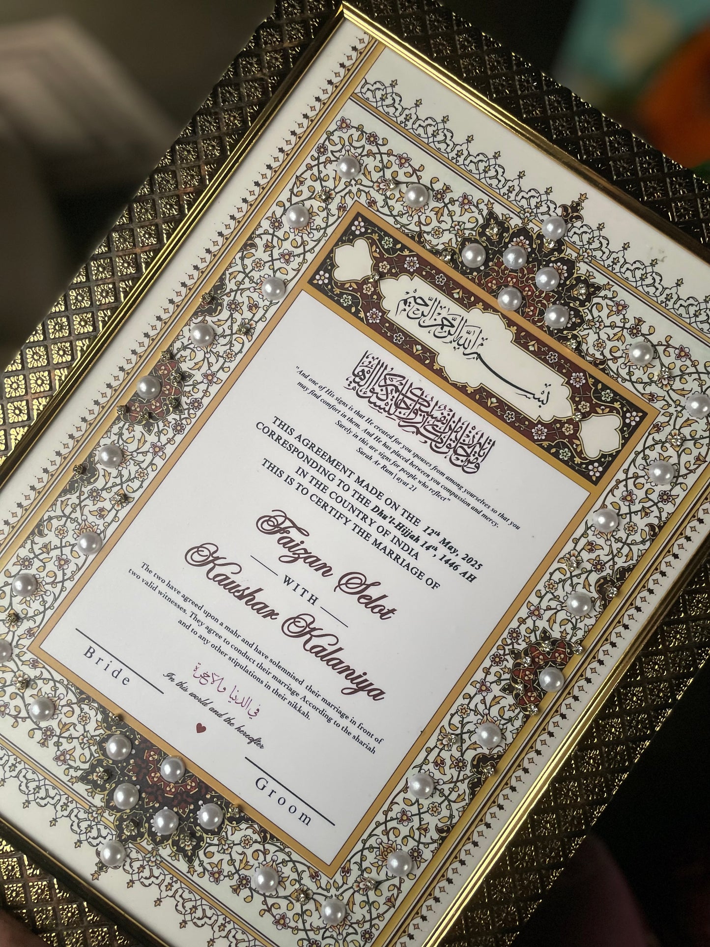Pearls Embellished NikahNama Certificate